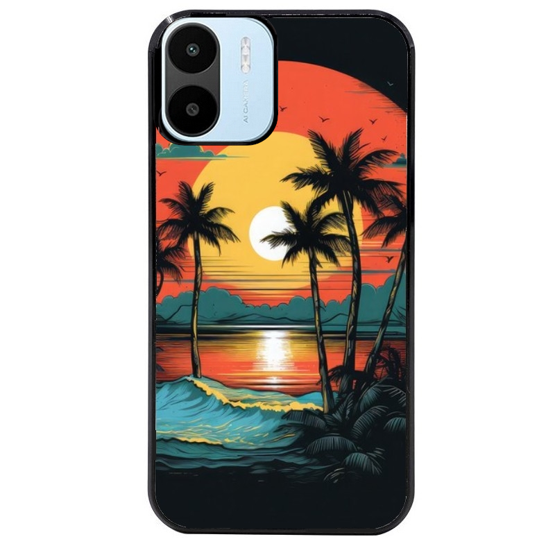Coque noire taperso pour Redmi A1 et A2 avec motif hawaii palmier protection antichoc personnalisée