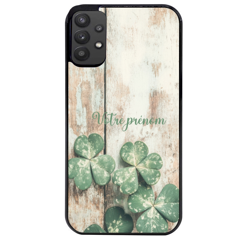 Coque noire taperso pour galaxy A22 A32 A52 A52S 4G 5G  avec motif bois et trefle personnalisee protection antichoc personnalisée
