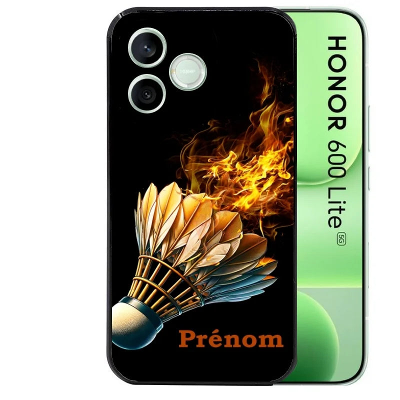 Coque noire pour Honor 600 LITE avec motif badminton flamme personnalisée protection antichoc personnalisée
