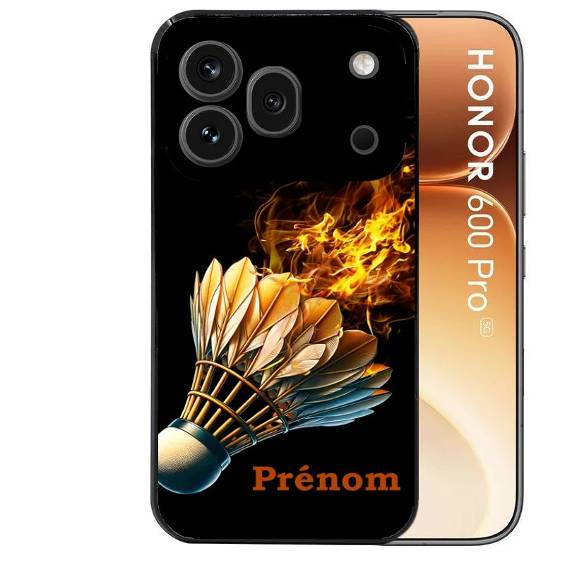 Coque noire taperso pour Honor 600 et 600 PRO avec motif badminton flamme protection antichoc personnalisée