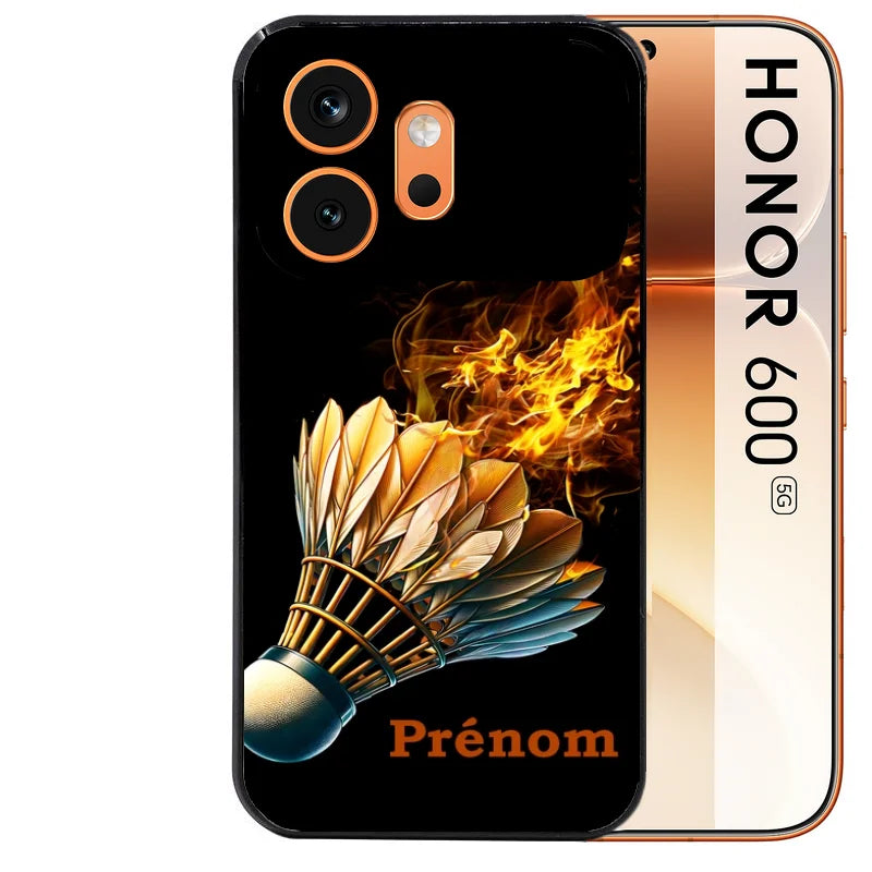 Coque noire taperso pour Honor 600 et 600 PRO avec motif badminton flamme protection antichoc personnalisée