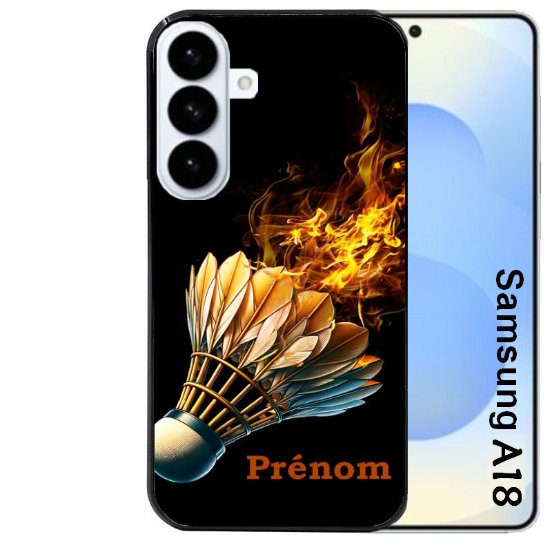 Coque pour Galaxy A08 A18 A28 A38 A58 personnalisée badminton flamme