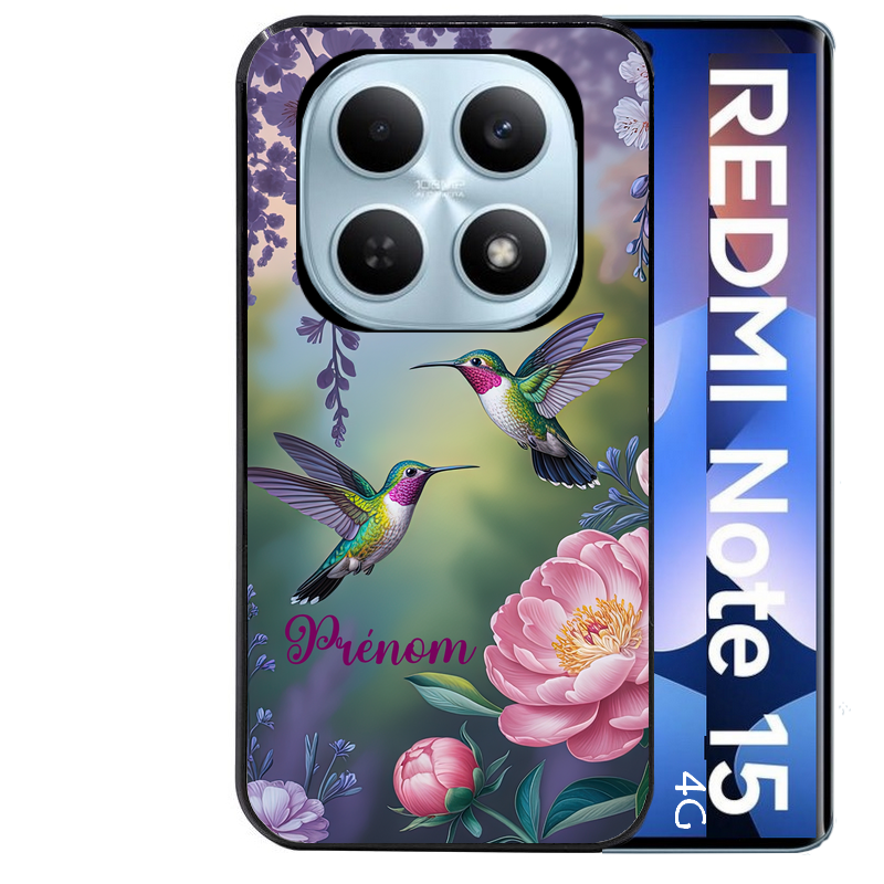 Coque noire taperso pour Redmi Note 15 et PRO PLUS 4G 5G avec motif colibri couple personnalise protection antichoc personnalisée