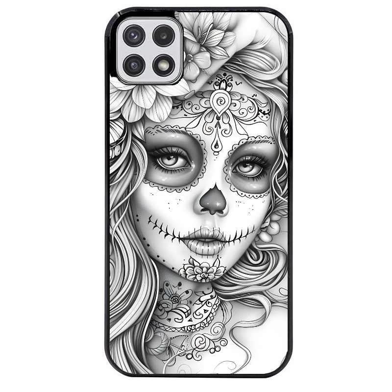 Coque noire taperso pour galaxy A22 A32 A52 A52S 4G 5G  avec motif mort calavera tatoo protection antichoc personnalisée
