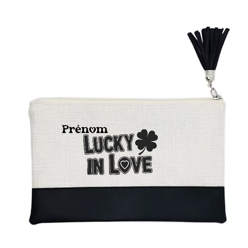 Pochette personnalisée motif love luck en toile et simili cuir personnalisée