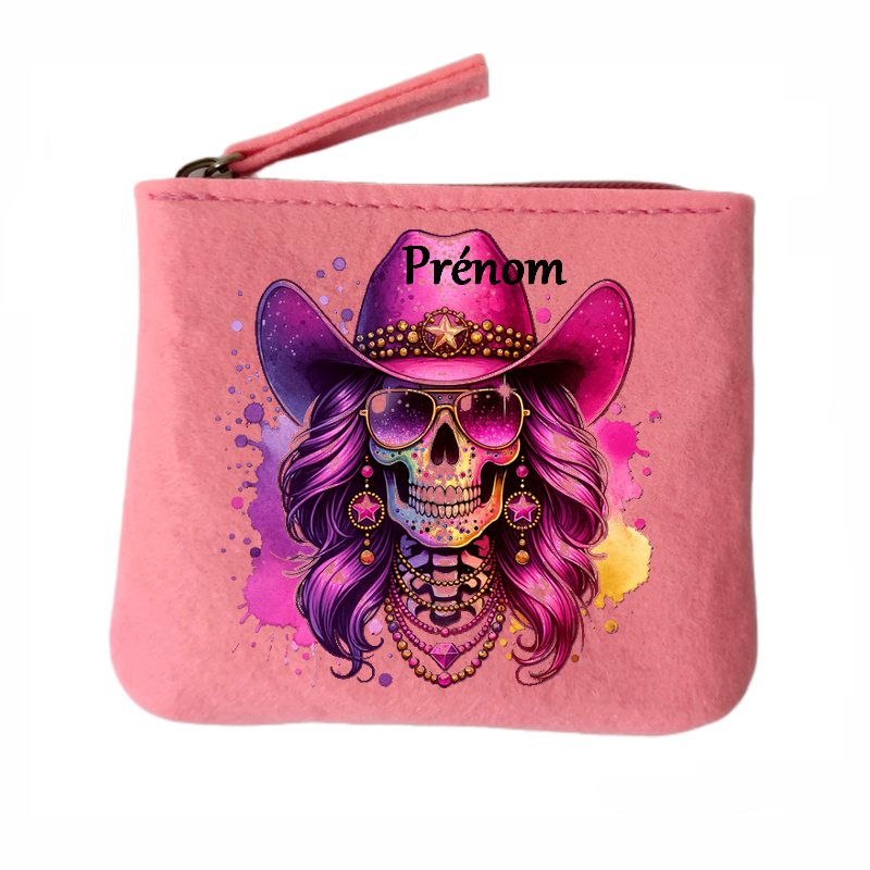 Porte monnaie personnalisé tete de mort cowboy en feutrine en feutrine