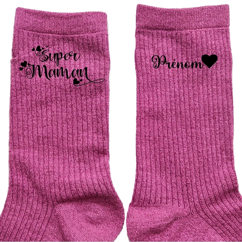Chaussettes personnalisée paillettes rose motif super maman