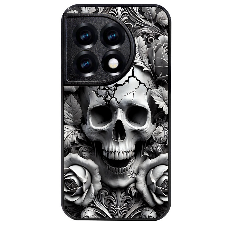 Coque noire taperso pour OnePlus 11 et 12 avec motif tete de mort fleur protection antichoc personnalisée