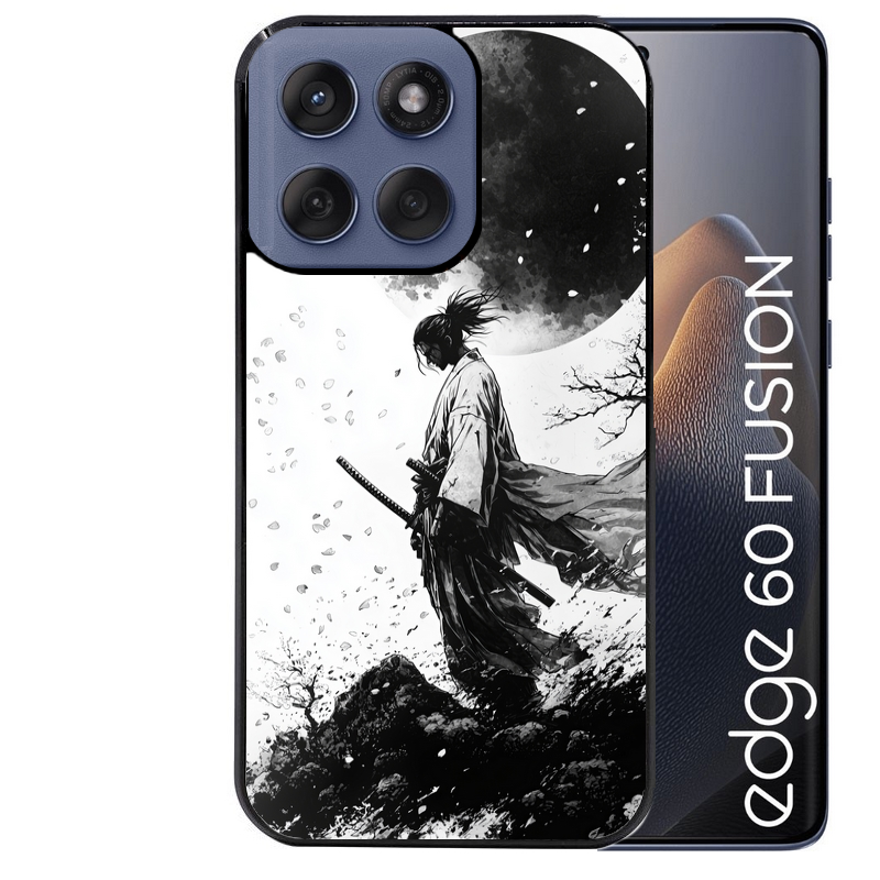 Coque noire taperso pour Moto Edge 60 et Neo Fusion Pro avec motif samourai et lune protection antichoc personnalisée