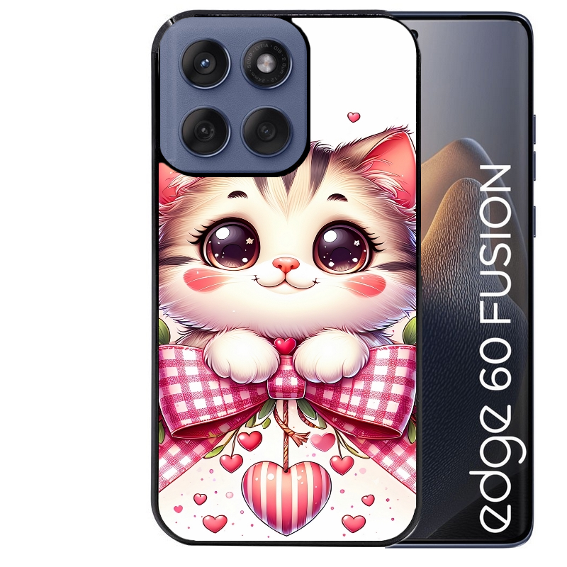 Coque noire taperso pour Moto Edge 60 et Neo Fusion Pro avec motif chat noeud et coeur protection antichoc personnalisée