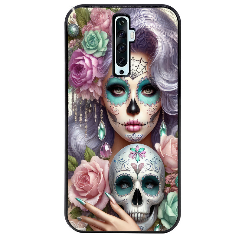 Coque noire taperso pour OPPO Reno 2 et 2Z avec motif tete de mort calavera bijoux protection antichoc personnalisée