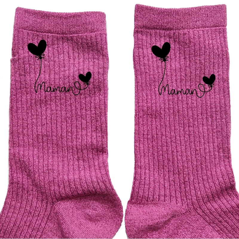 Chaussettes paillettes rose motif maman coeur