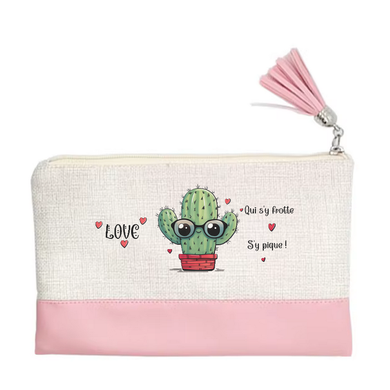 Pochette motif cactus love en toile et simili cuir