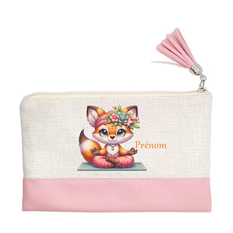 Pochette personnalisée motif fox renard yoga en toile et simili cuir personnalisée