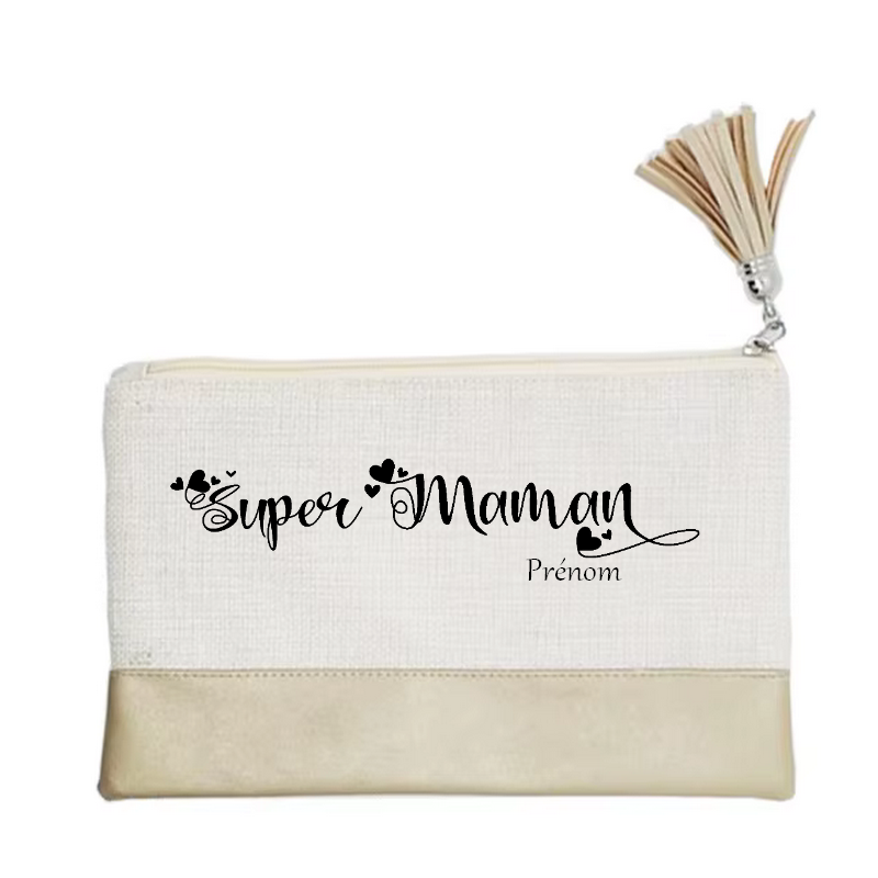 Pochette personnalisée motif super maman en toile et simili cuir personnalisée