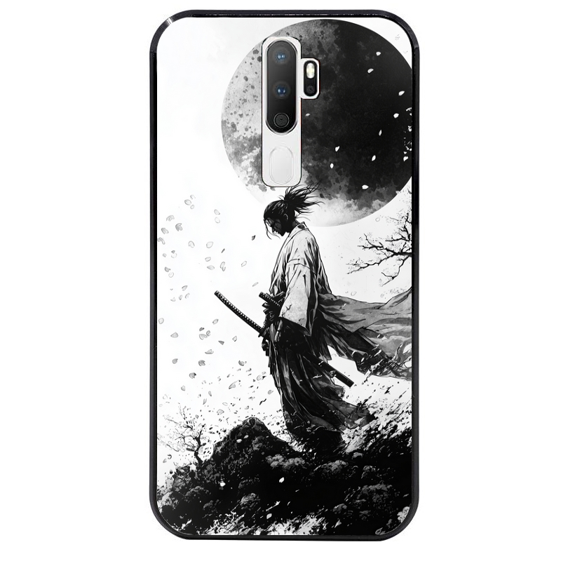 Coque noire taperso pour OPPO A5 A9 2020 avec motif samourai et lune protection antichoc personnalisée