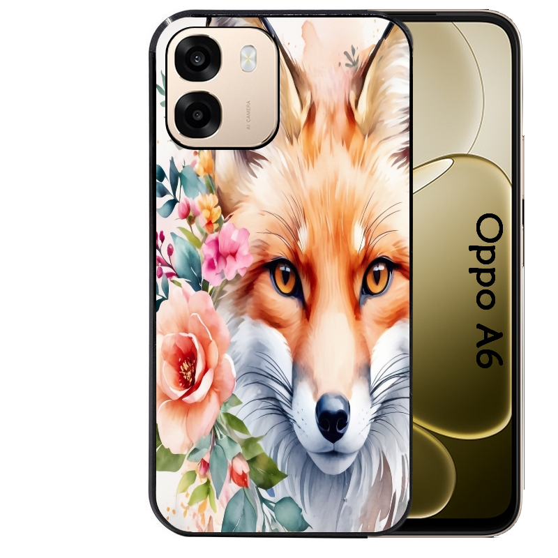 Coque noire taperso pour OPPO A6 A6X 4G et 5G avec motif renard fox et fleurs protection antichoc personnalisée