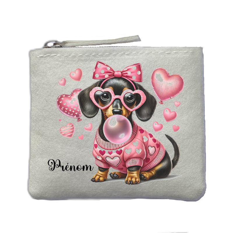 Porte monnaie personnalisé chien coeur ivoire en feutrine en feutrine ivoire