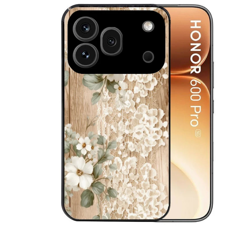 Coque noire taperso pour Honor 600 et 600 PRO avec motif bois et dentelle 1 protection antichoc personnalisée