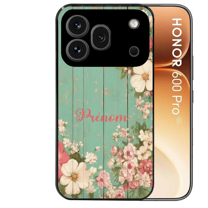 Coque noire taperso pour Honor 600 et 600 PRO avec motif bois et fleur avec votre prenom protection antichoc personnalisée