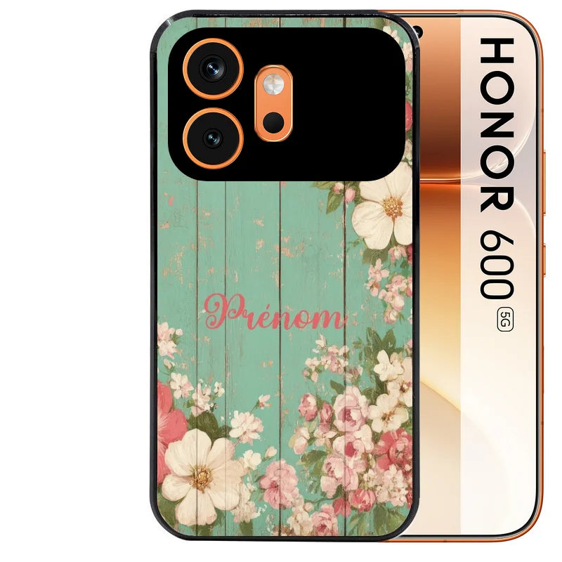 Coque noire taperso pour Honor 600 et 600 PRO avec motif bois et fleur avec votre prenom protection antichoc personnalisée