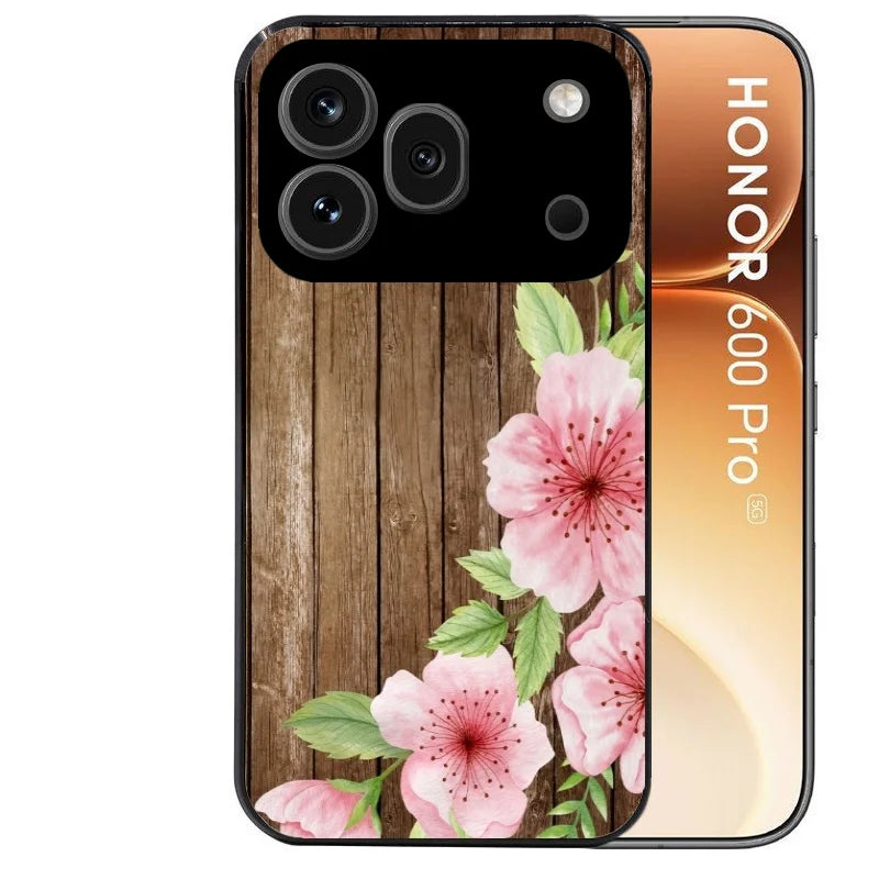 Coque noire taperso pour Honor 600 et 600 PRO avec motif bois avec fleur rose protection antichoc personnalisée