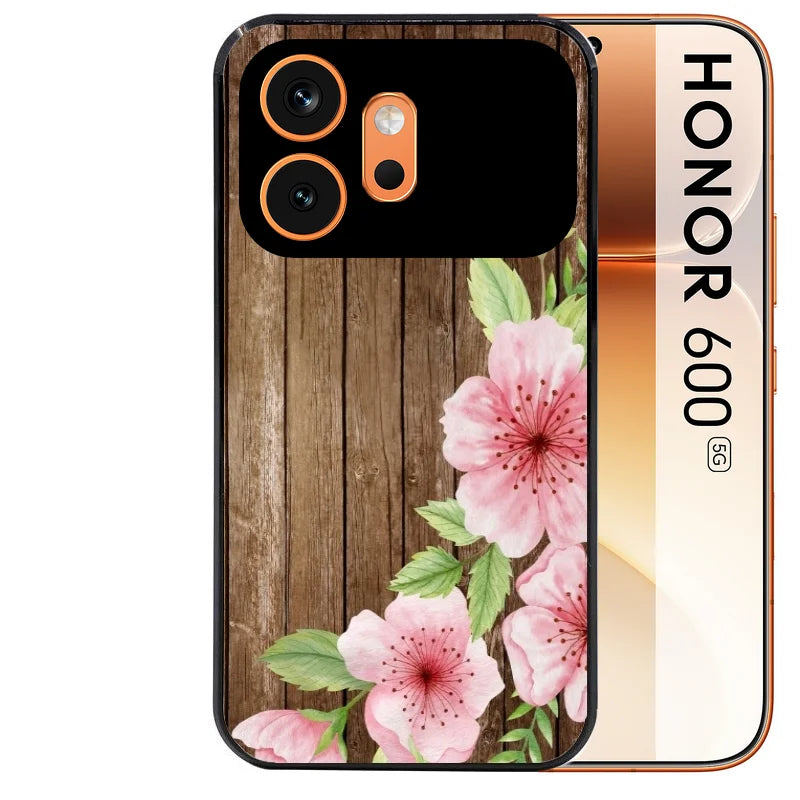 Coque noire taperso pour Honor 600 et 600 PRO avec motif bois avec fleur rose protection antichoc personnalisée