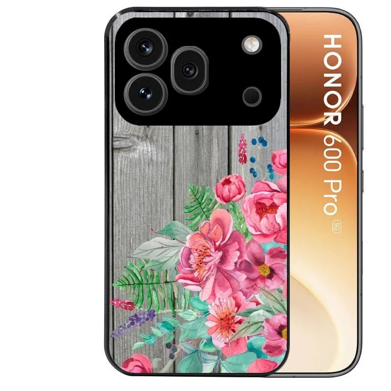 Coque noire taperso pour Honor 600 et 600 PRO avec motif bois gris et fleur rose protection antichoc personnalisée
