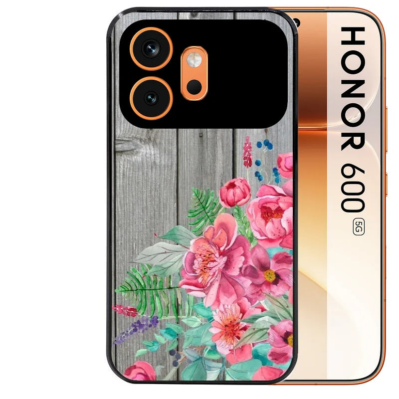 Coque noire taperso pour Honor 600 et 600 PRO avec motif bois gris et fleur rose protection antichoc personnalisée