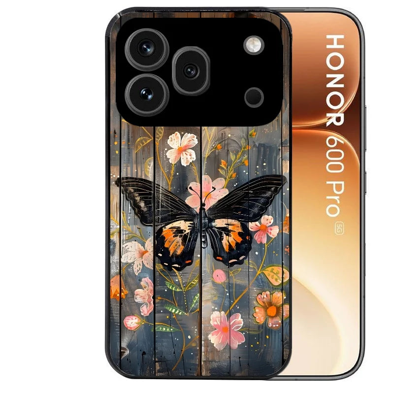 Coque noire taperso pour Honor 600 et 600 PRO avec motif bois et papillon 2 protection antichoc personnalisée
