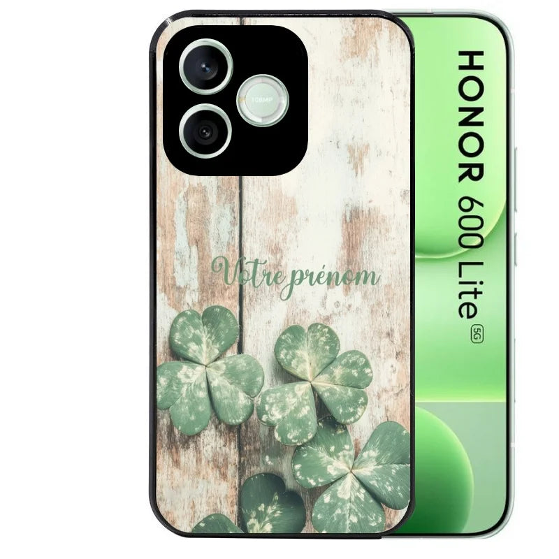 Coque noire pour Honor 600 LITE avec motif bois et trefle personnaliséee protection antichoc personnalisée