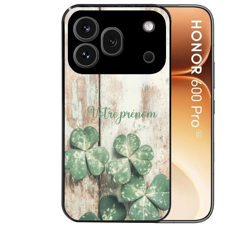 Coque noire taperso pour Honor 600 et 600 PRO avec motif bois et trefle personnalisee protection antichoc personnalisée
