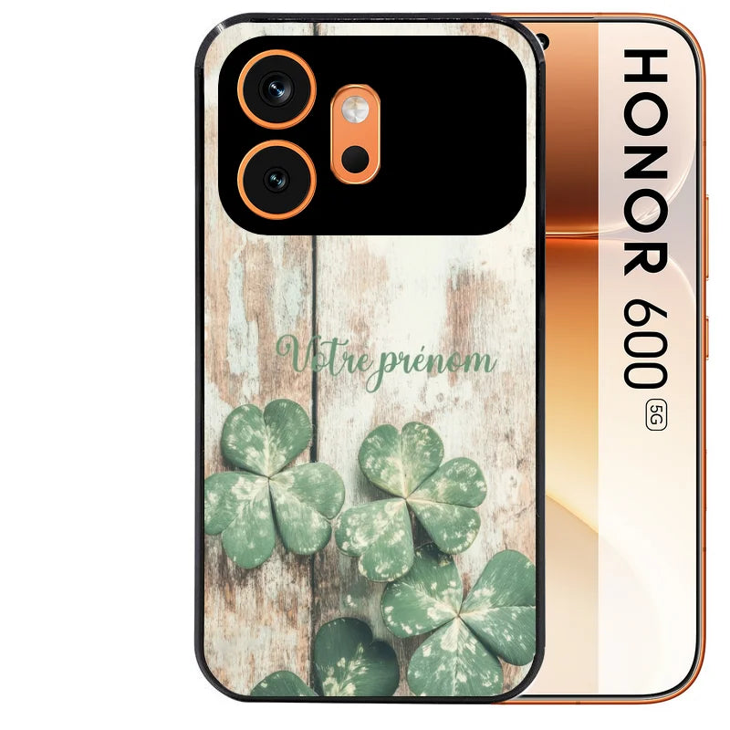 Coque noire taperso pour Honor 600 et 600 PRO avec motif bois et trefle personnalisee protection antichoc personnalisée
