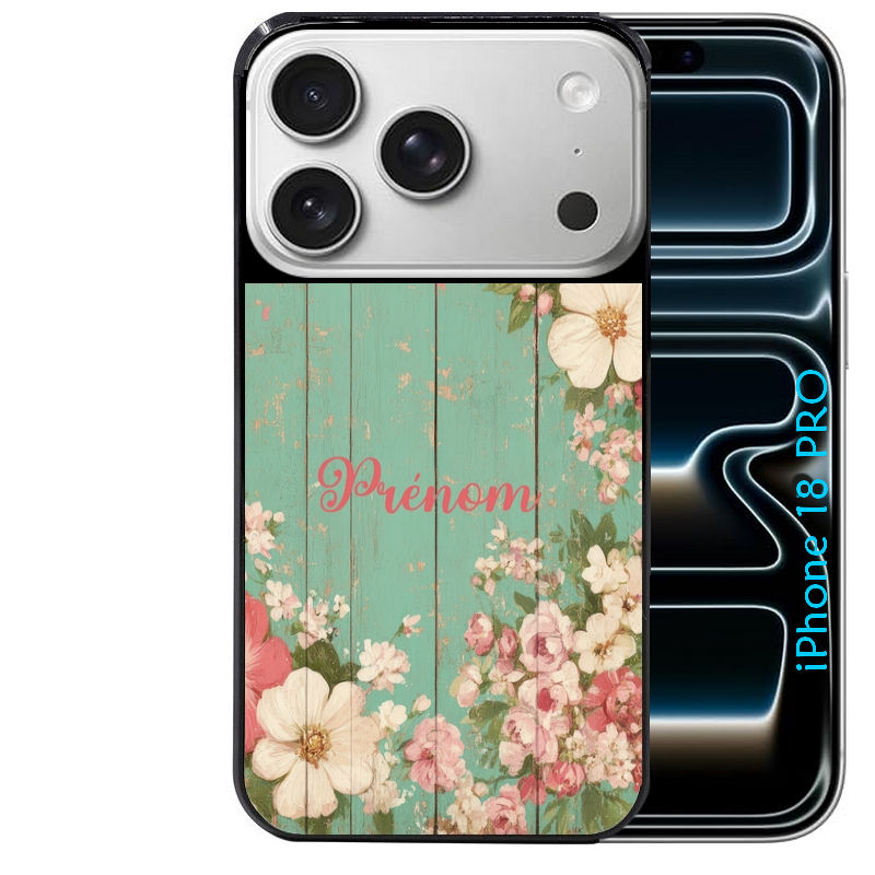 Coque pour Iphone 18 / PRO / PRO MAX / 18E personnalisée bois et fleur prenom