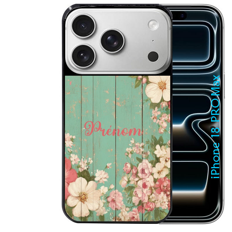 Coque pour Iphone 18 / PRO / PRO MAX / 18E personnalisée bois et fleur prenom