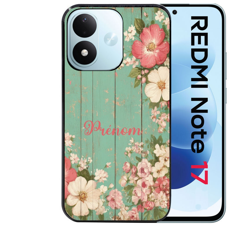 Coque pour Redmi Note 17 et PRO 4G 5G Max personnalisée bois et fleur prenom