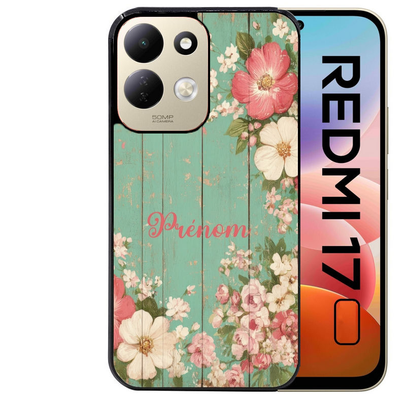 Coque pour Redmi 17 et 17C 4G 5G personnalisée bois et fleur prenom