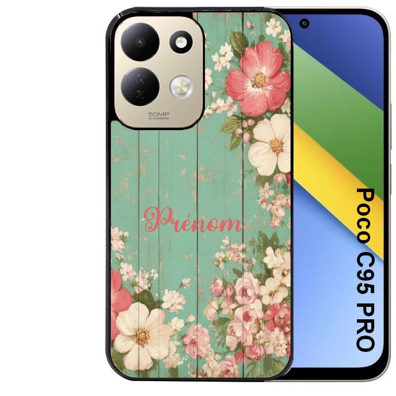 Coque pour POCO C95 PRO personnalisée bois et fleur prenom