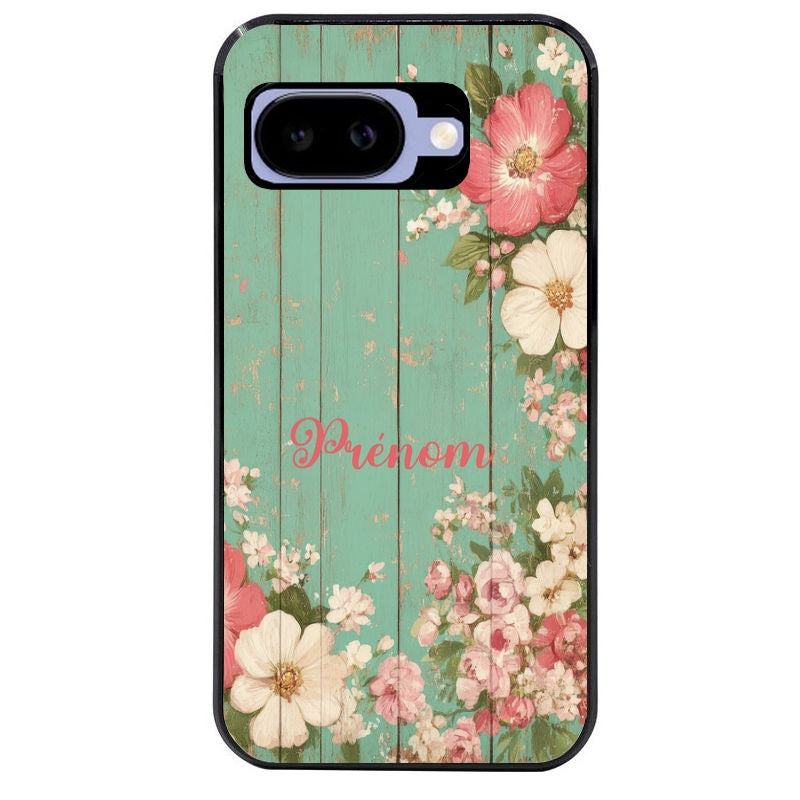 Coque pour Pixel 8A 9A 10A personnalisée bois et fleur prenom