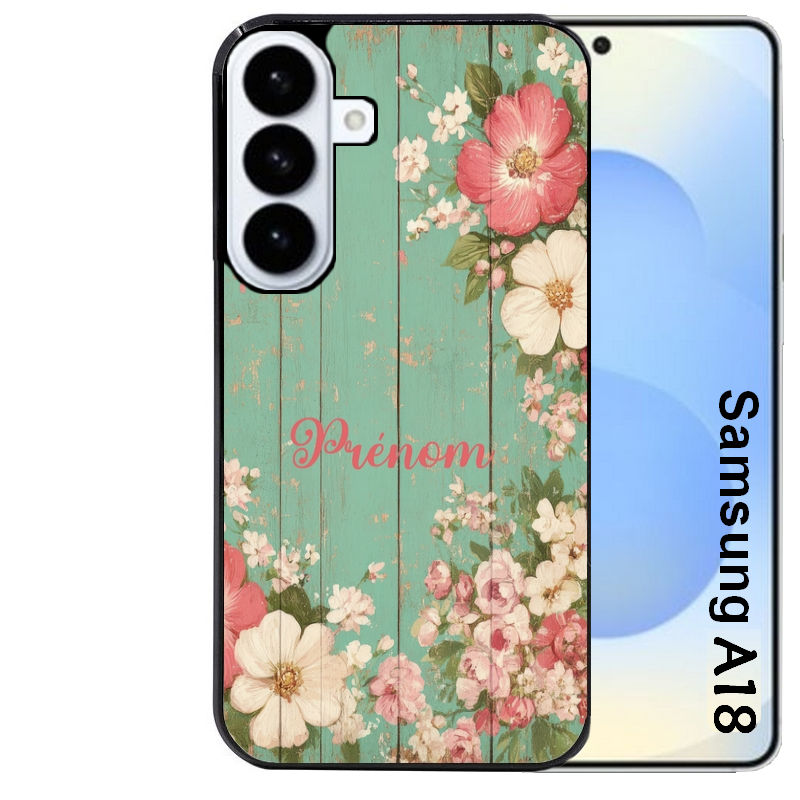 Coque pour Galaxy A08 A18 A28 A38 A58 personnalisée bois et fleur prenom