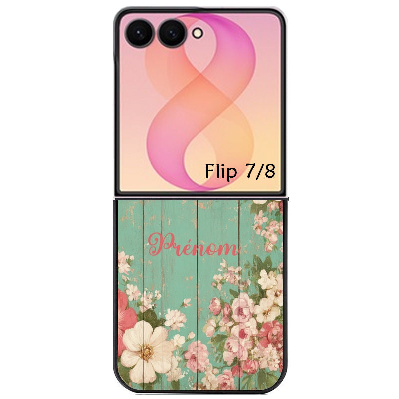 Coque pour Z FLIP 6 7 8 personnalisée bois et fleur prenom