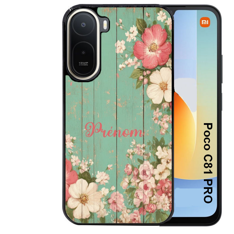 Coque pour POCO C81 PRO personnalisée bois et fleur prenom