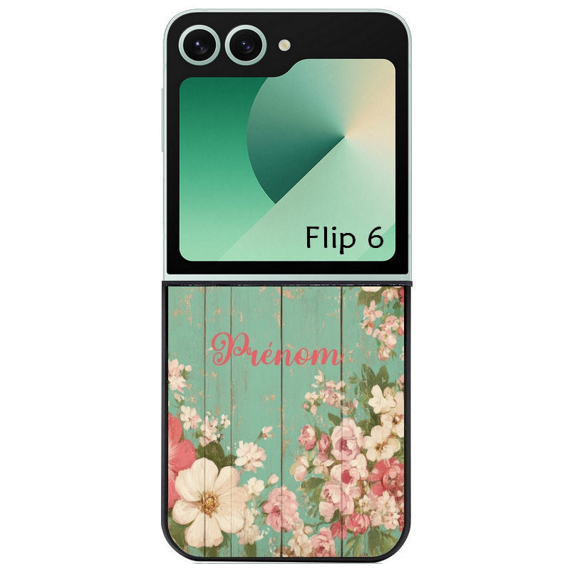 Coque pour Z FLIP 6 7 8 personnalisée bois et fleur prenom