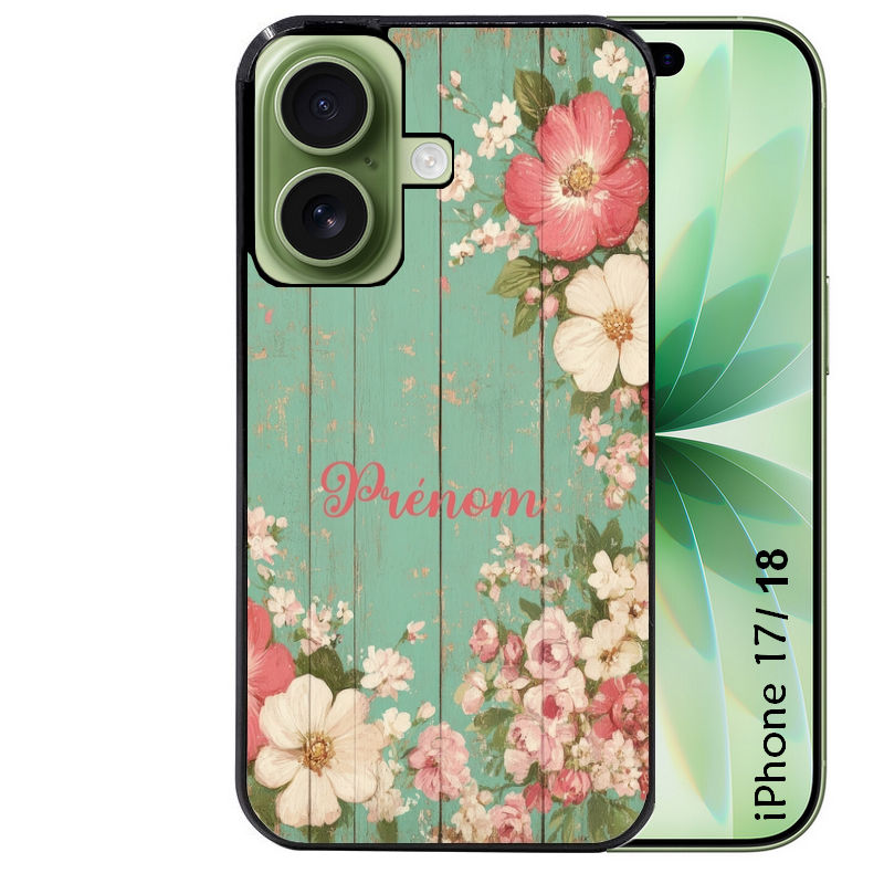 Coque pour Iphone 18 / PRO / PRO MAX / 18E personnalisée bois et fleur prenom