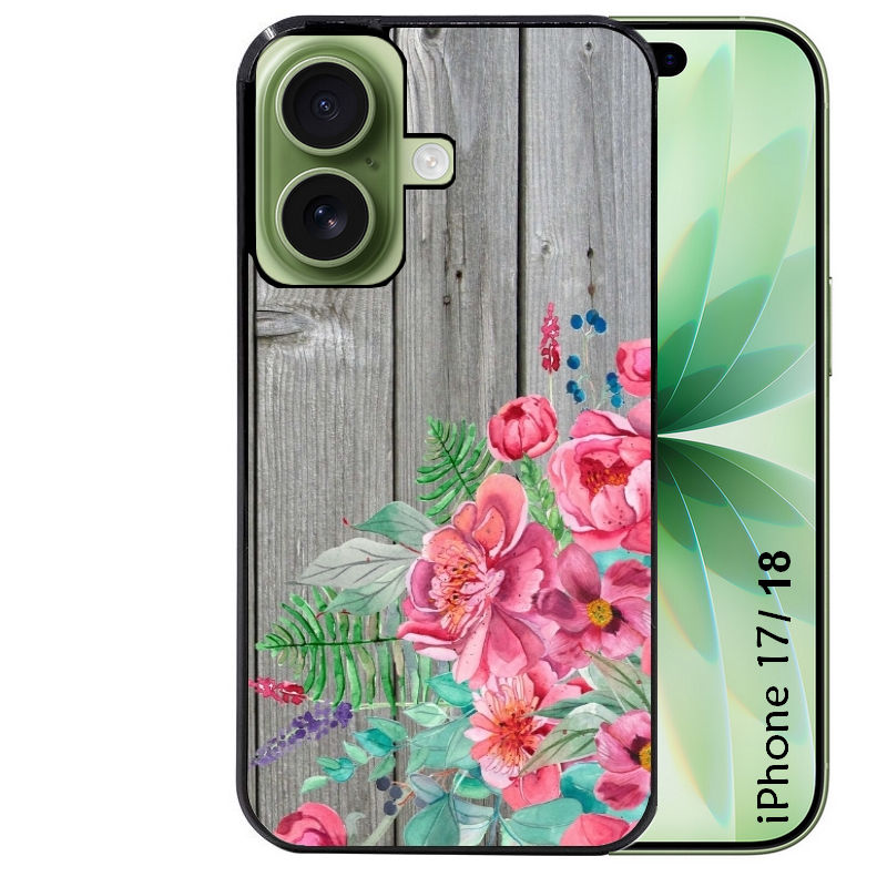 Coque pour Iphone 18 / PRO / PRO MAX / 18E bois gris fleur rose