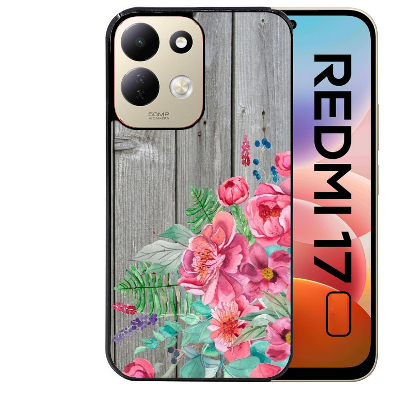 Coque pour Redmi 17 et 17C 4G 5G bois gris fleur rose