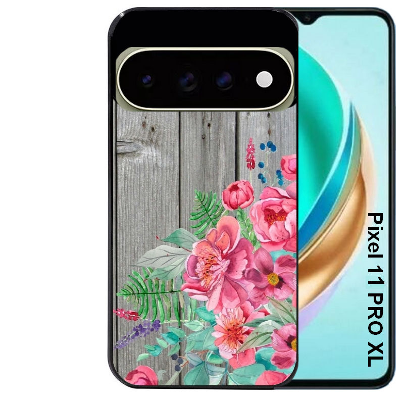 Coque pour Pixel 10 / 11 / PRO / XL bois gris fleur rose