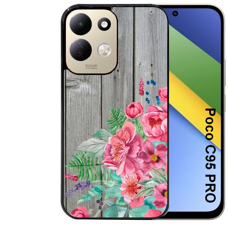 Coque pour POCO C95 PRO bois gris fleur rose