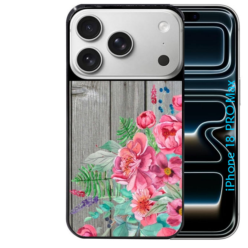 Coque pour Iphone 18 / PRO / PRO MAX / 18E bois gris fleur rose