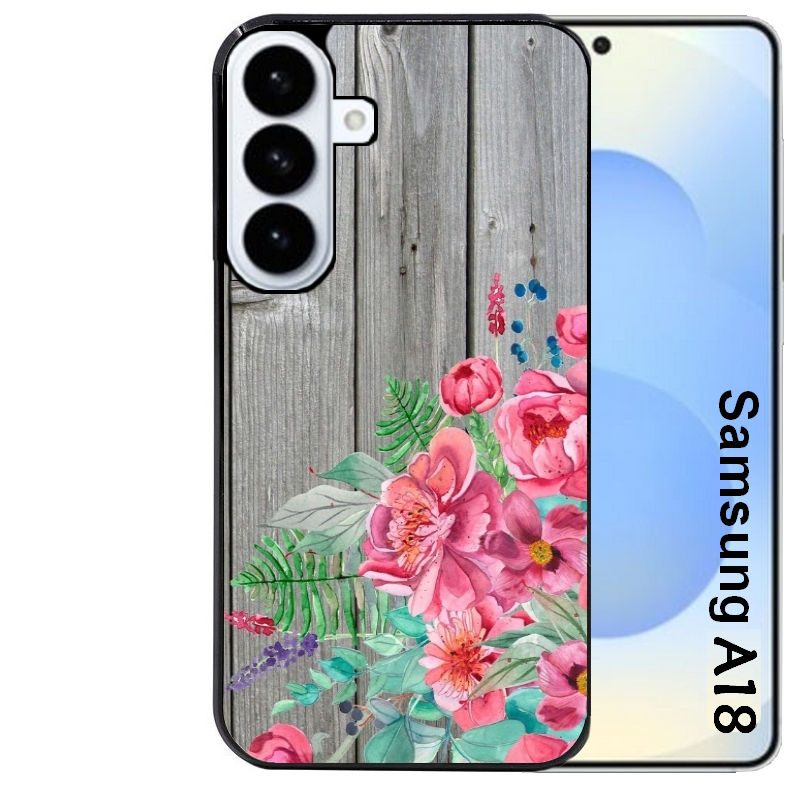 Coque pour Galaxy A08 A18 A28 A38 A58 bois gris fleur rose